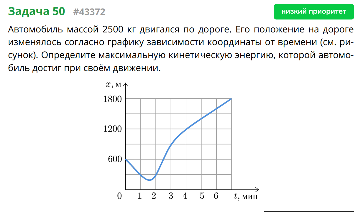 Автомобиль массой 2500 кг двигался по дороге. Его положение на дороге изменялось согласно графику зависимости координаты от времени (см. рисунок). Определите максимальную кинетическую энергию, которой автомобиль достиг при своём движении.