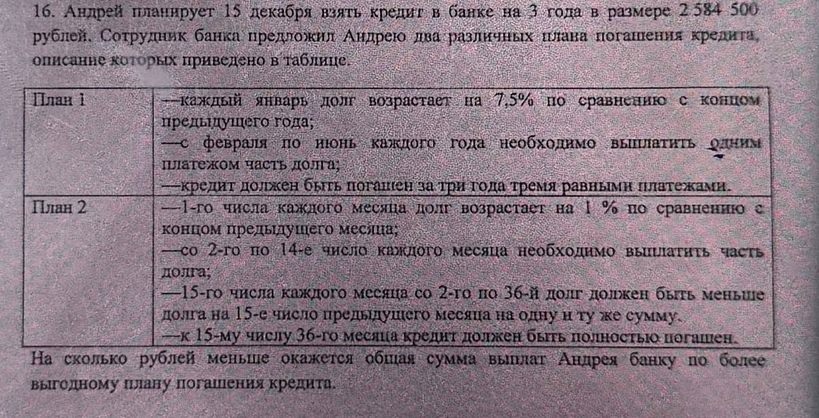 16. Андрей планирует 15 декабря взять кредит в банке на 3 года в размере 2 584 500 рублей.