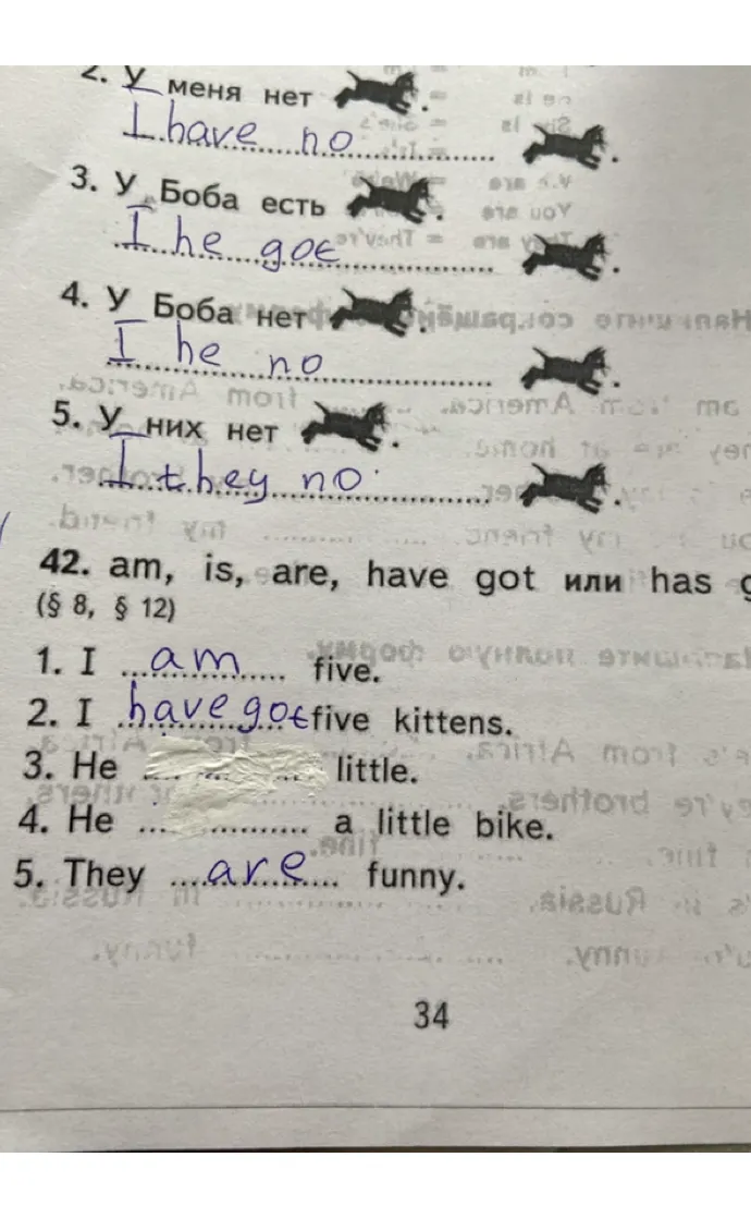 42. am, is, are, have got или has got (§ 8, § 12) 1. I am five. 2. I have got five kittens. 3. He ... little. 4. He ... a little bike. 5. They are funny.