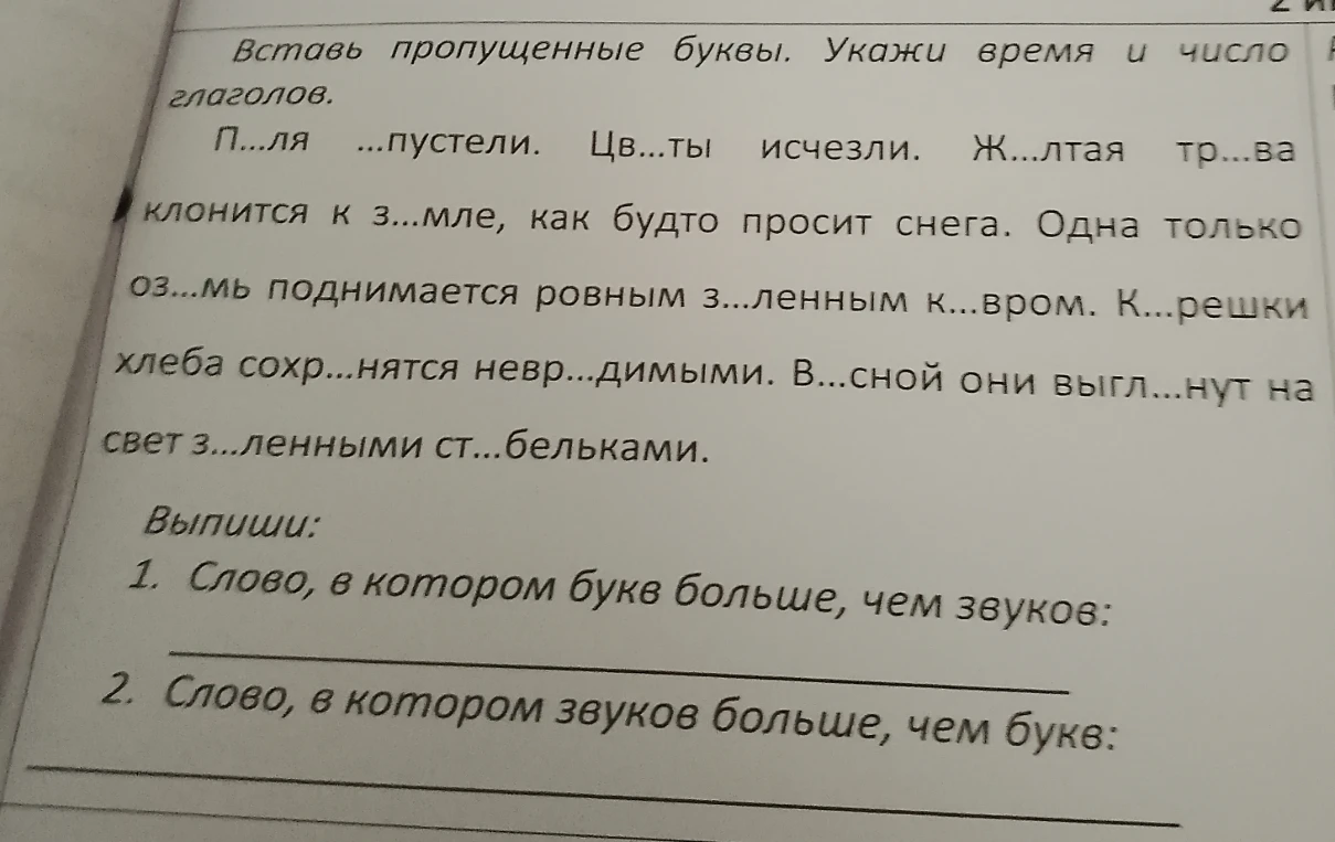 Вставь пропущенные буквы. Укажи время и число глаголов.