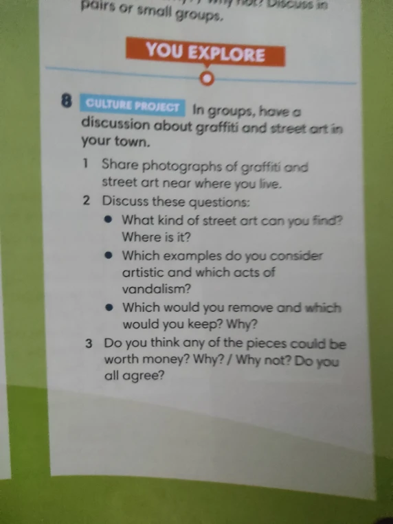 CULTURE PROJECT In groups, have a discussion about graffiti and street art in your town.