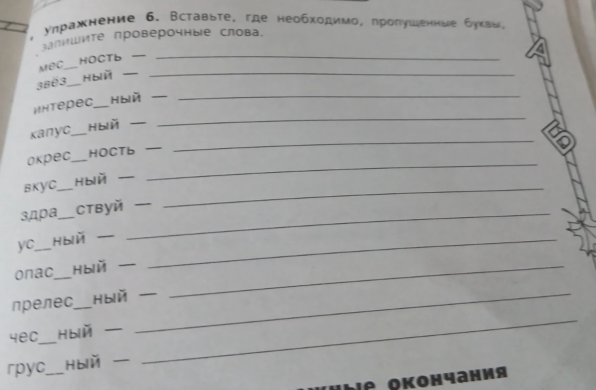Упражнение 6. Вставьте, где необходимо, пропущенные буквы, запишите проверочные слова.
