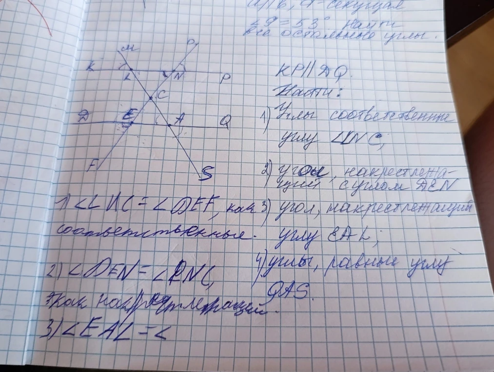 Найти: 1) Углы соответственные углу LNC; 2) угол, накрестлежащий с углом DEN; 3) угол, накрестлежащий углу EAL; 4) углы, равные углу QAS.
