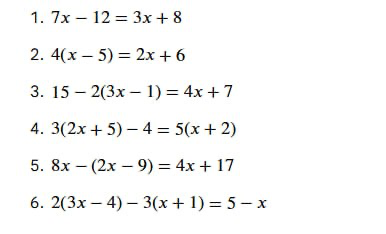 1. 7x - 12 = 3x + 8