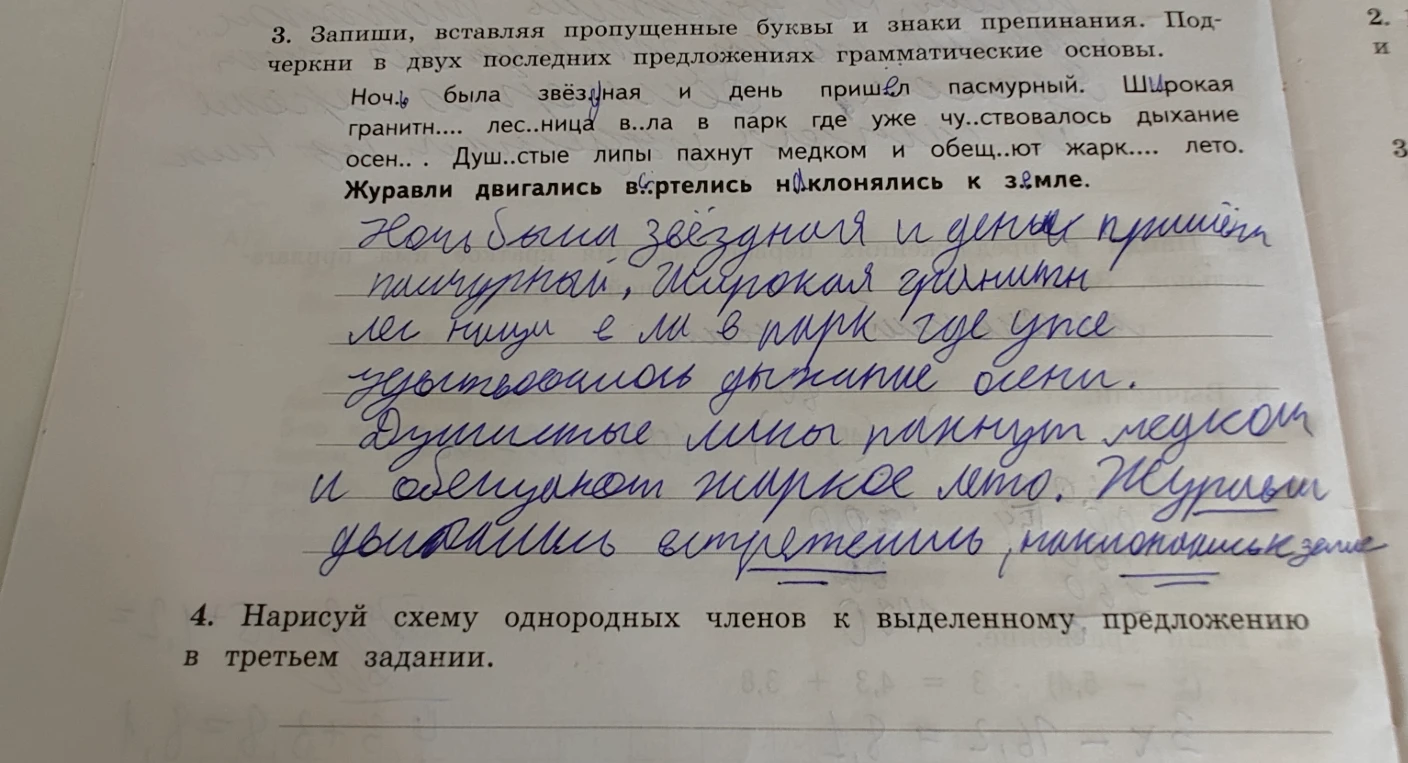 3. Запиши, вставляя пропущенные буквы и знаки препинания. Подчеркни в двух последних предложениях грамматические основы.