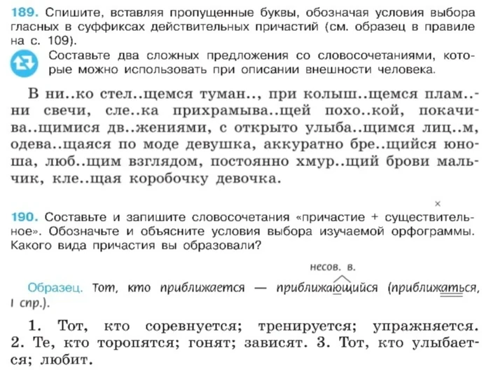 189. Спишите, вставляя пропущенные буквы, обозначая условия выбора гласных в суффиксах действительных причастий (см. образец в правиле на с. 109). Составьте два сложных предложения со словосочетаниями, которые можно использовать при описании внешности человека.
