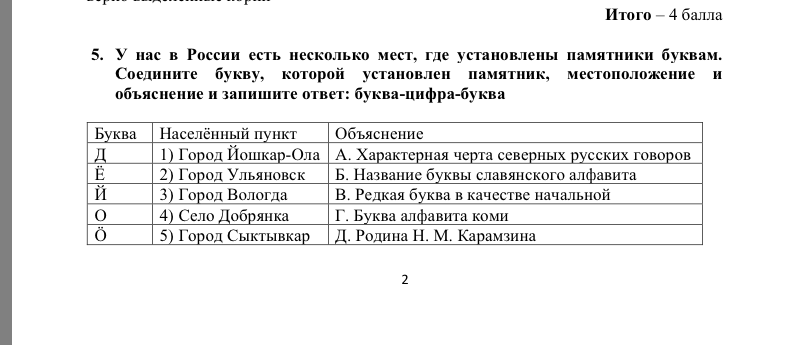 5. У нас в России есть несколько мест, где установлены памятники буквам. Соедините букву, которой установлен памятник, местоположение и объяснение и запишите ответ: буква-цифра-буква