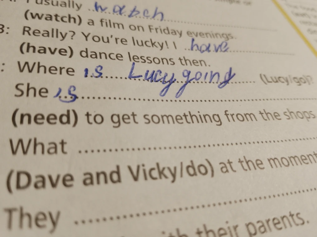Where is Lucy going (Lucy/go)? She (need) to get something from the shops.