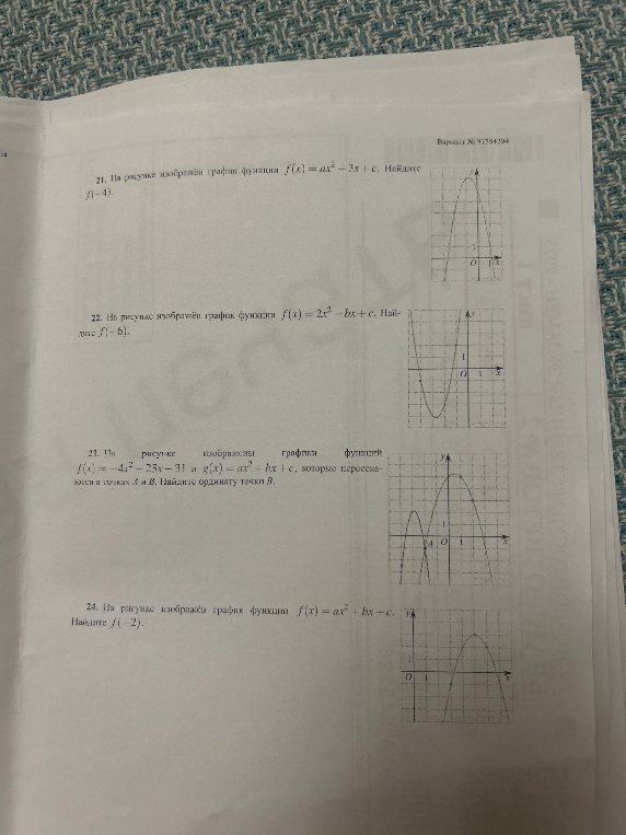 21. На рисунке изображён график функции f(x) = ax^2 - 3x + c. Найдите f(-4).