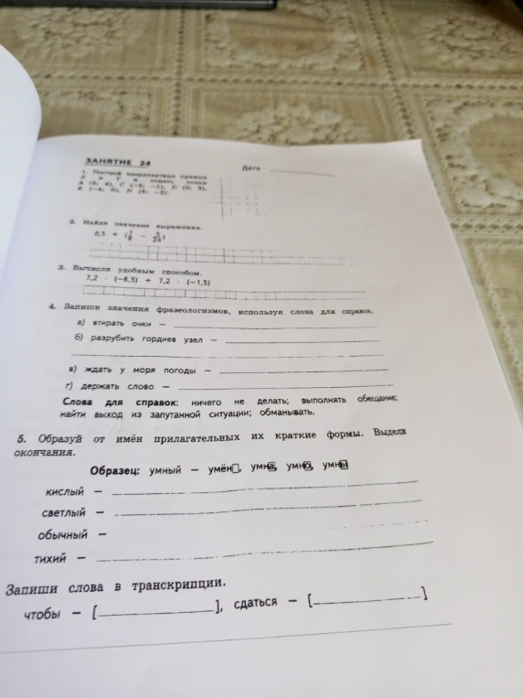 ЗАНЯТИЕ 24 1. Построение координатных прямых X и Y и отметь точки A (0; 4), C (-3; -1), D (0; 5), K (-4; 0), N (5; -5).