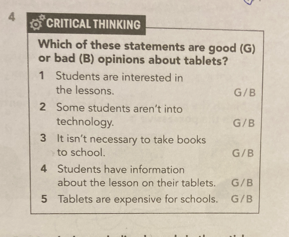 Which of these statements are good (G) or bad (B) opinions about tablets?
