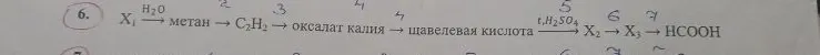 6. X1 --H2O--> метан --> C2H2 --> оксалат калия --> щавелевая кислота --t,H2SO4--> X2 --> X3 --> HCOOH