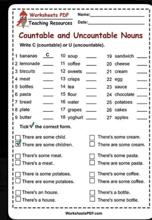 Countable and Uncountable Nouns. Write C (countable) or U (uncountable).