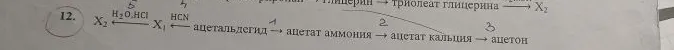 12. X2 <- H2O, HCl - X1 <- HCN - ацетальдегид