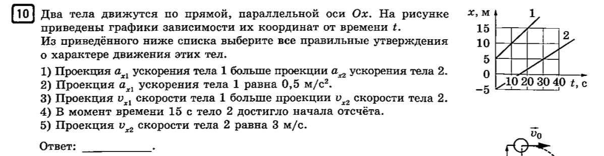 10. Два тела движутся по прямой, параллельной оси Ox. На рисунке приведены графики зависимости их координат от времени t. Из приведённого ниже списка выберите все правильные утверждения о характере движения этих тел.