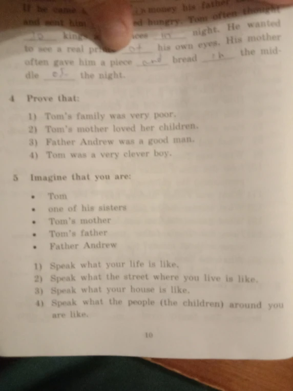 Prove that: 1) Tom's family was very poor. 2) Tom's mother loved her children. 3) Father Andrew was a good man. 4) Tom was a very clever boy.