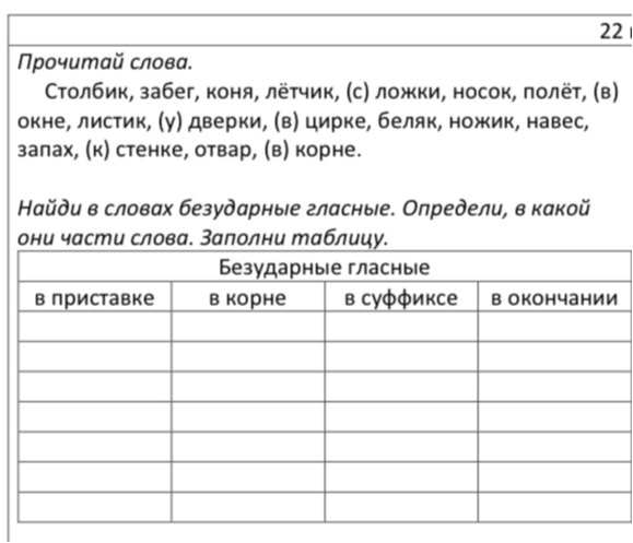 Прочитай слова. Найди в словах безударные гласные. Определи, в какой они части слова. Заполни таблицу.
