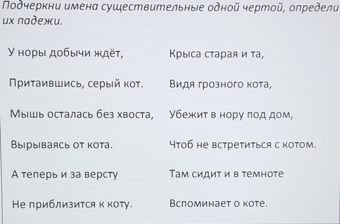 Подчеркни имена существительные одной чертой, определи их падежи.