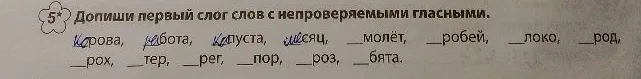 Допиши первый слог слов с непроверяемыми гласными.
