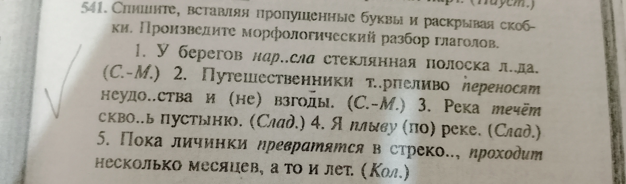 541. Спишите, вставляя пропущенные буквы и раскрывая скобки. Произведите морфологический разбор глаголов.
