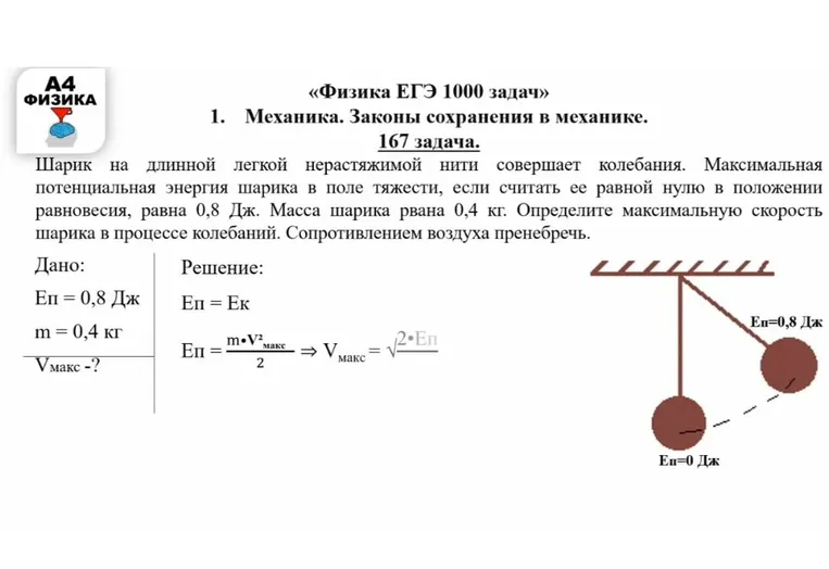 Шарик на длинной легкой нерастяжимой нити совершает колебания. Максимальная потенциальная энергия шарика в поле тяжести, если считать ее равной нулю в положении равновесия, равна 0,8 Дж. Масса шарика рвана 0,4 кг. Определите максимальную скорость шарика в процессе колебаний.