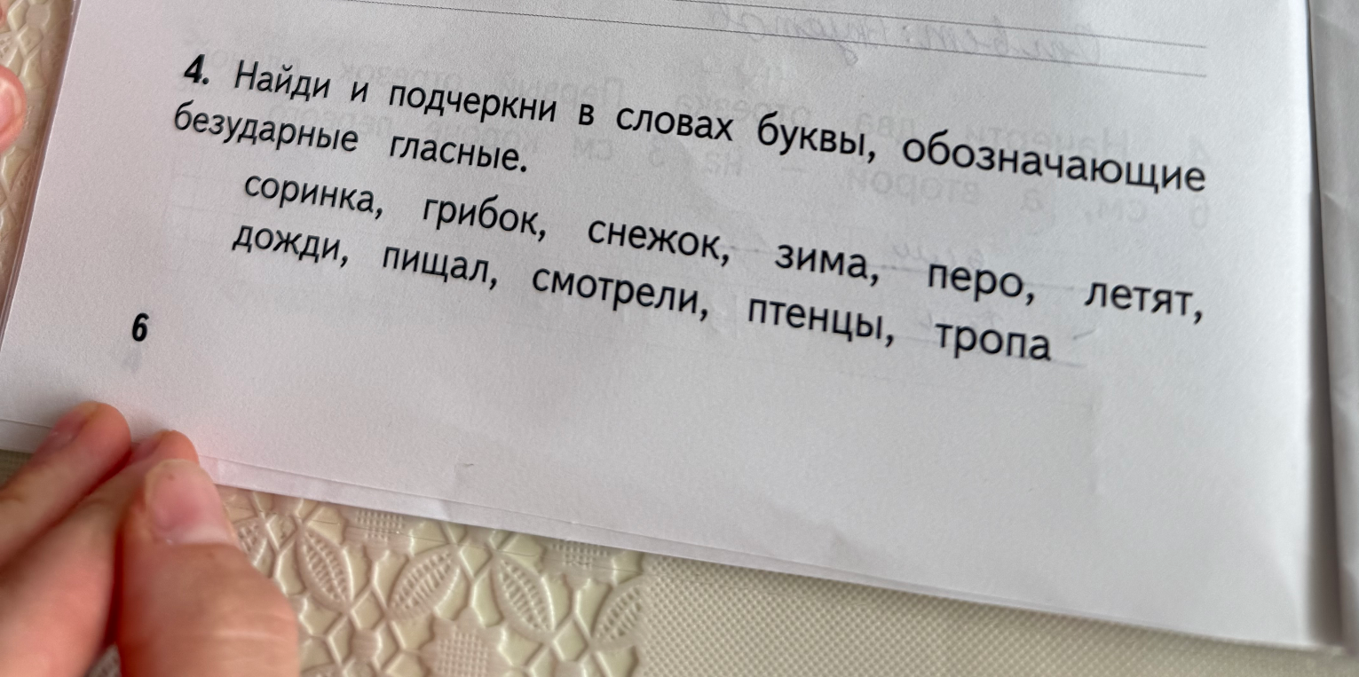 4. Найди и подчеркни в словах буквы, обозначающие безударные гласные.