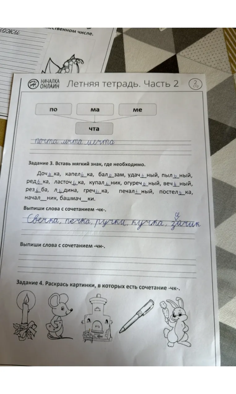 Задание 3. Вставь мягкий знак, где необходимо. Выпиши слова с сочетанием -чк-. Выпиши слова с сочетанием -чн-. Задание 4. Раскрась картинки, в которых есть сочетание -чк-.