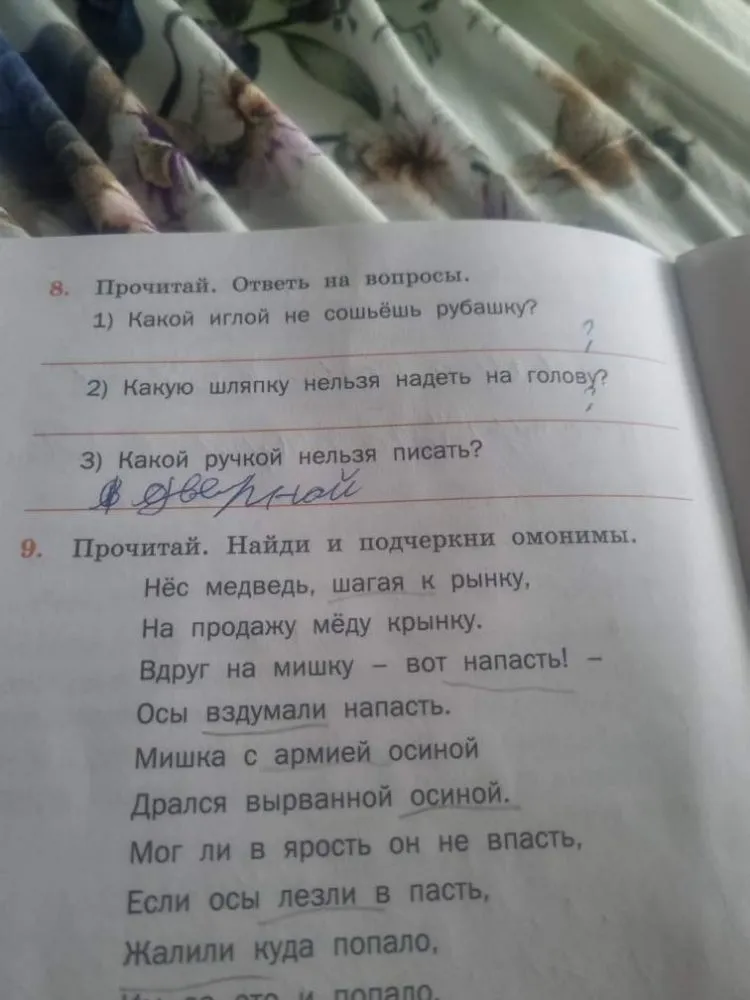 8. Прочитай. Ответь на вопросы. 1) Какой иглой не сошьёшь рубашку? 9. Прочитай. Найди и подчеркни омонимы.