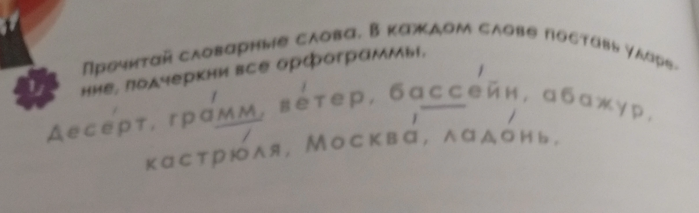 Прочитай словарные слова. В каждом слове поставь ударение, подчеркни все орфограммы.