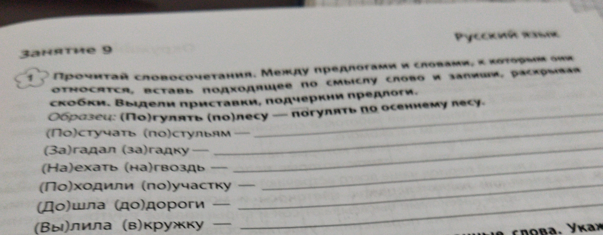 Прочитай словосочетания. Между предлогами и словами, к которым они относятся, вставь подходящее по смыслу слово и запиши, раскрывая скобки. Выдели приставки, подчеркни предлоги.