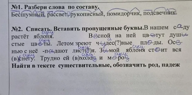 №1. Разбери слова по составу. Бесшумный, рассвет, рукописный, помидорчик, подсвечник.