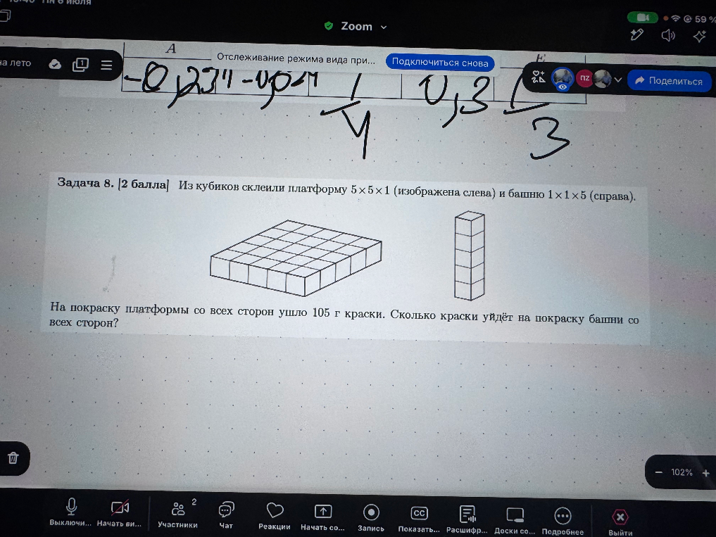 Задача 8. [2 балла] Из кубиков склеили платформу 5x5x1 (изображена слева) и башню 1x1x5 (справа). На покраску платформы со всех сторон ушло 105 г краски. Сколько краски уйдёт на покраску башни со всех сторон?