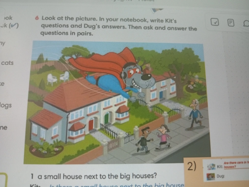 Look at the picture. In your notebook, write Kit's questions and Dug's answers. Then ask and answer the questions in pairs.