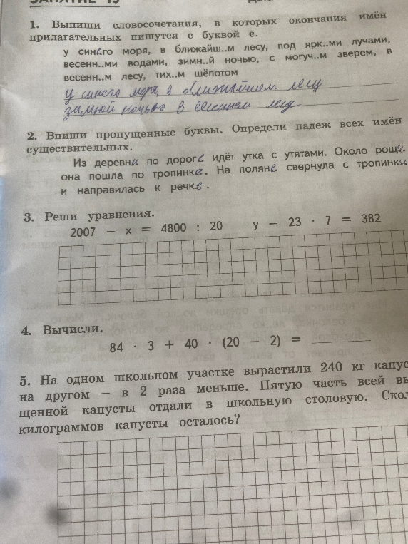 1. Выпиши словосочетания, в которых окончания имён прилагательных пишутся с буквой е.