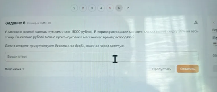 В магазине зимней одежды пуховик стоит 15000 рублей. В период распродажи магазин предоставляет скидку 20% на весь товар. За сколько рублей можно купить пуховик в магазине во время распродажи?