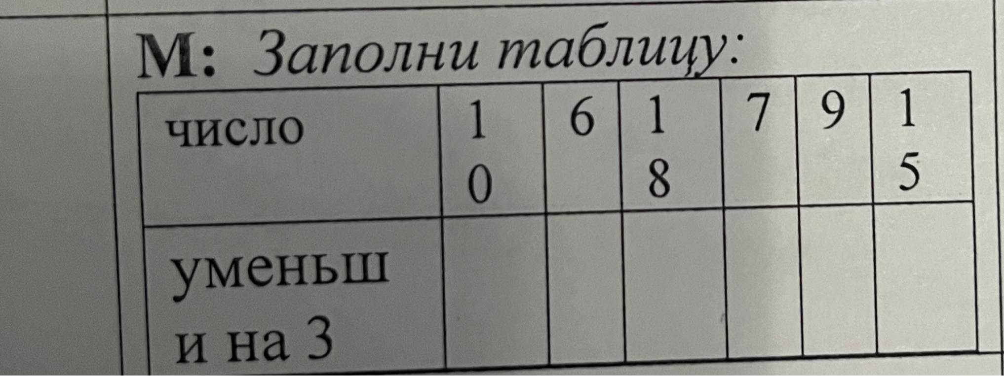 М: Заполни таблицу: число 10 6 18 7 9 15 уменьши на 3