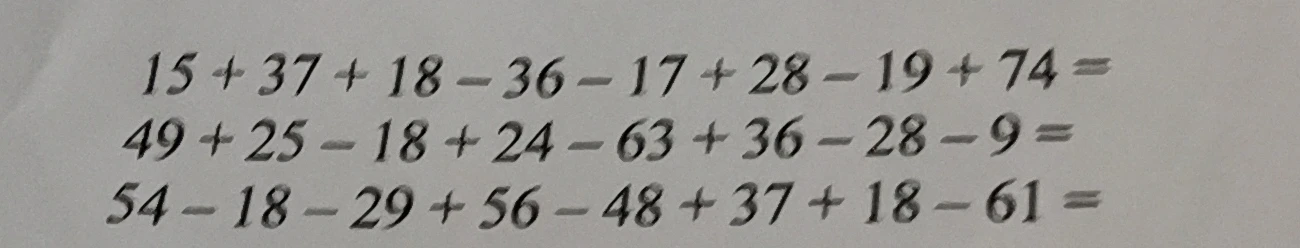 15 + 37 + 18 - 36 - 17 + 28 - 19 + 74 =