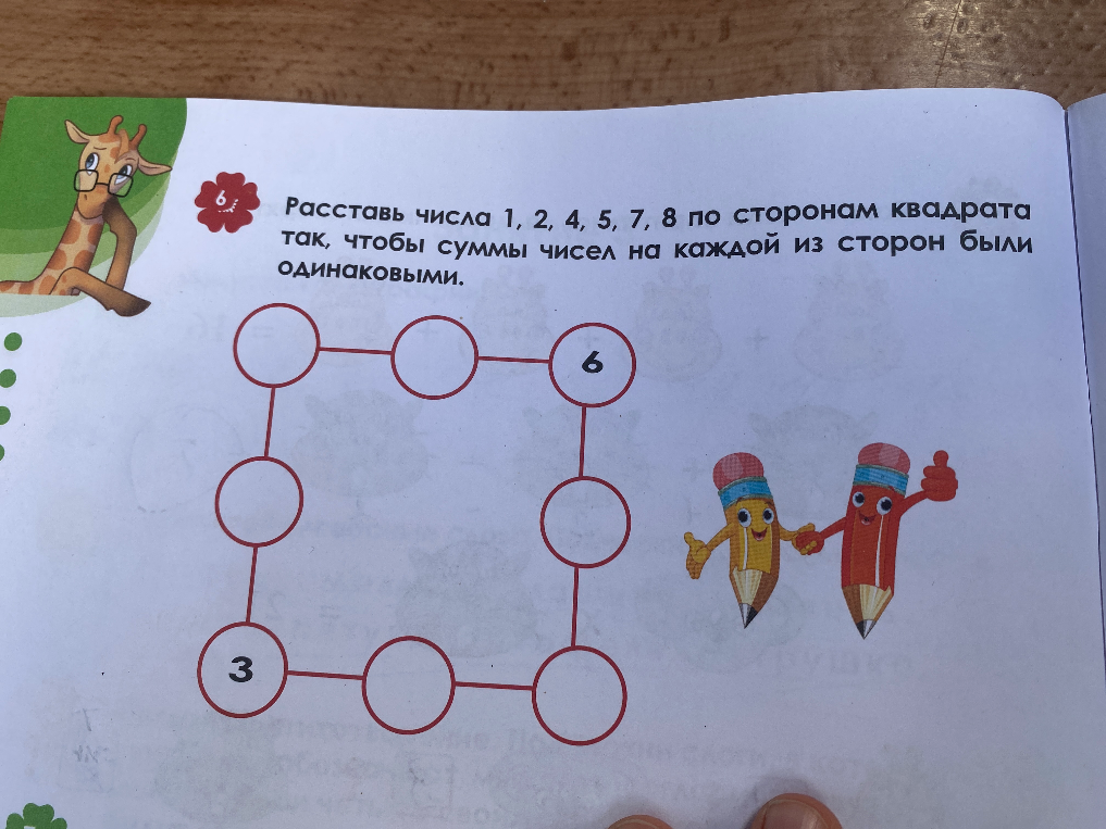 Расставь числа 1, 2, 4, 5, 7, 8 по сторонам квадрата так, чтобы суммы чисел на каждой из сторон были одинаковыми.