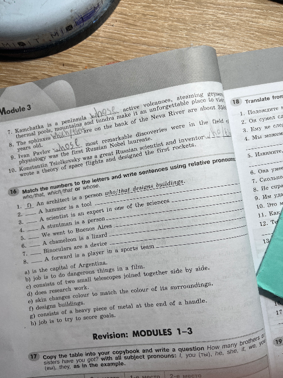 Match the numbers to the letters and write sentences using relative pronouns: who/that, which/that or whose.
