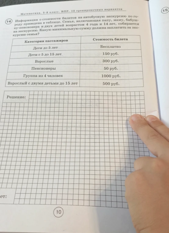 Информация о стоимости билетов на автобусную экскурсию по городу приведена в таблице. Семья, включающая папу, маму, бабушку-пенсионера и двух детей возрастом 4 года и 14 лет, собирается на экскурсию. Какую минимальную сумму должна заплатить за экскурсию семья?
