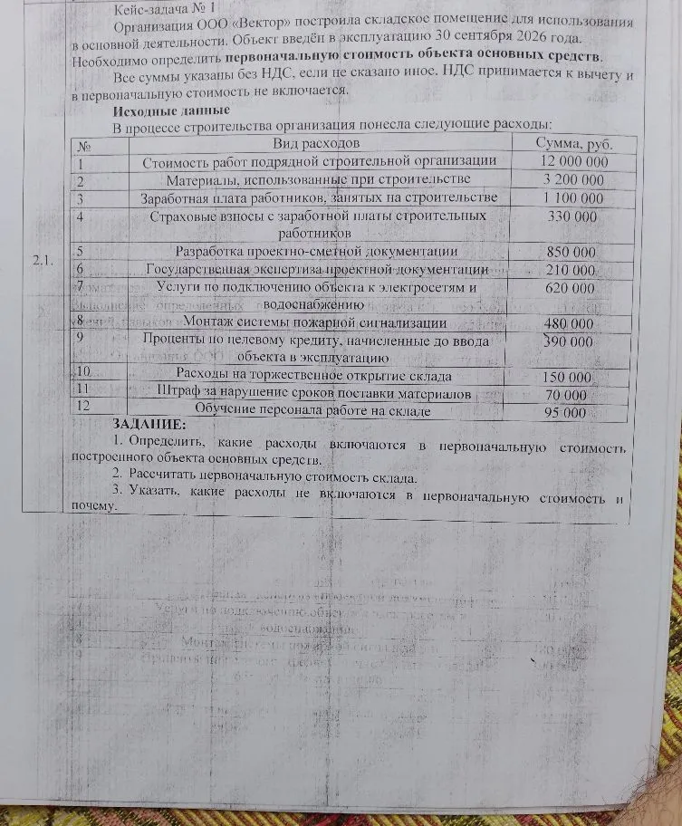 Кейс-задача № 1: Организация ООО «Вектор» построила складское помещение для использования в основной деятельности.