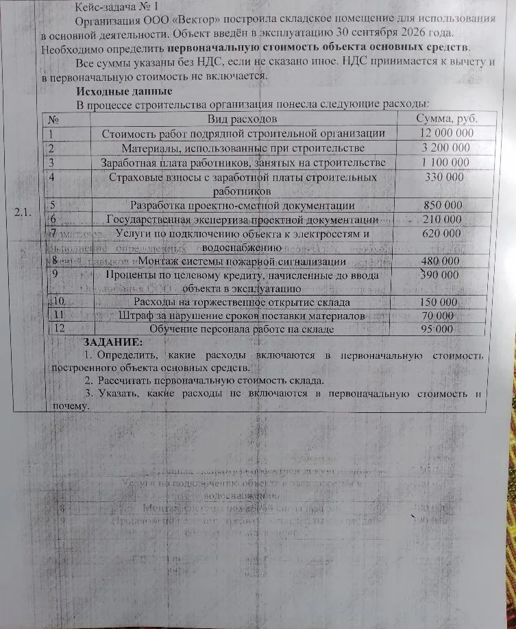 Кейс-задача № 1: Организация ООО «Вектор» построила складское помещение для использования в основной деятельности. Объект введён в эксплуатацию 30 сентября 2026 года. Необходимо определить первоначальную стоимость объекта основных средств.