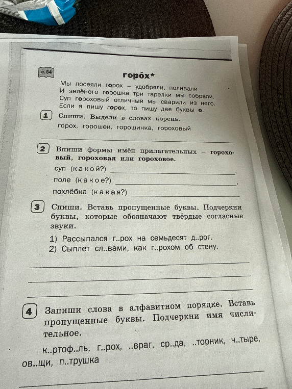Спиши. Выдели в словах корень. горох, горошек, горошинка, гороховый