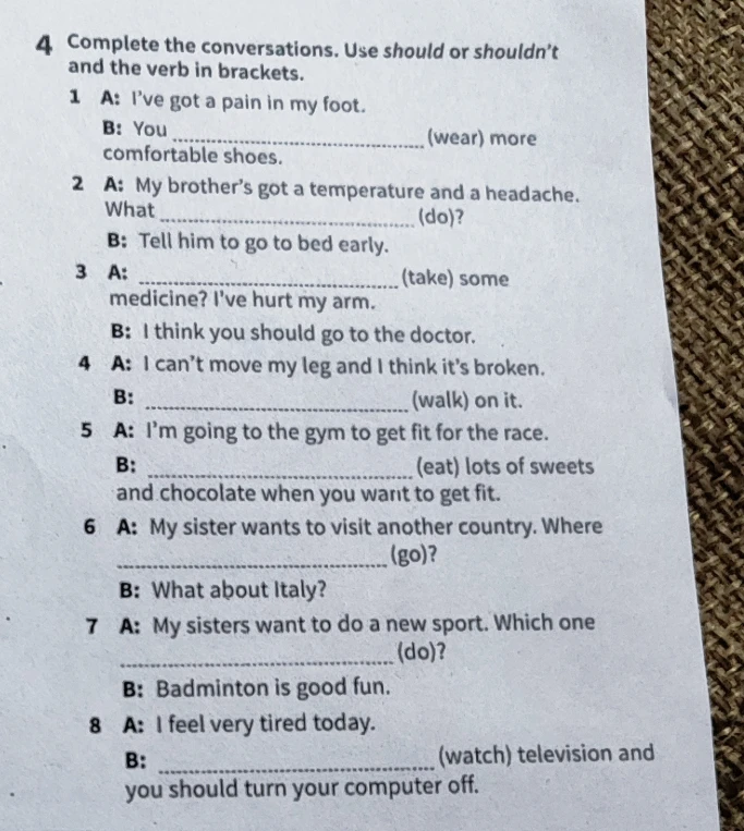 Complete the conversations. Use should or shouldn't and the verb in brackets.