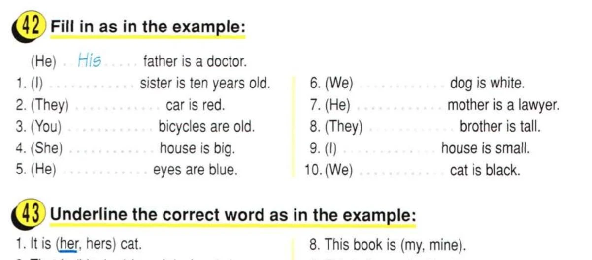 Fill in as in the example: (He) His father is a doctor. 1. (I) sister is ten years old.