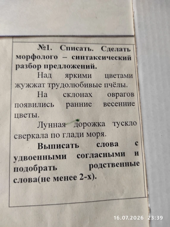 №1. Списать. Сделать морфолого-синтаксический разбор предложений. Выписать слова с удвоенными согласными и подобрать родственные слова(не менее 2-х).