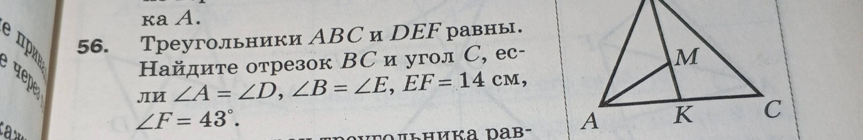 Треугольники ABC и DEF равны. Найдите отрезок BC и угол C, если угол A = угол D, угол B = угол E, EF = 14 см, угол F = 43°.