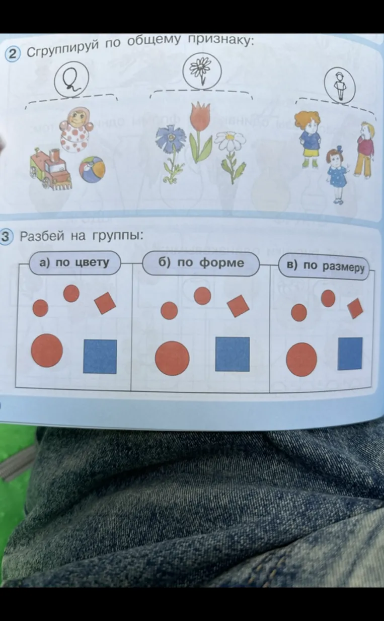 Разбей на группы: а) по цвету б) по форме в) по размеру