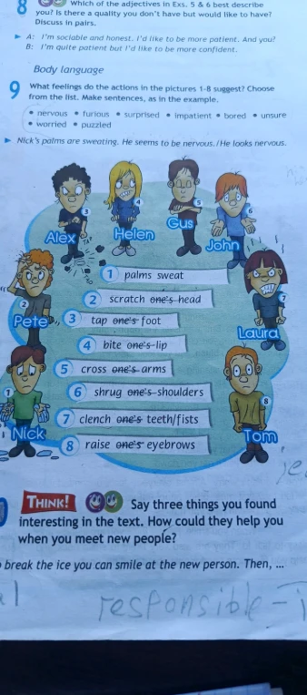 What feelings do the actions in the pictures 1-8 suggest? Choose from the list. Make sentences, as in the example.
