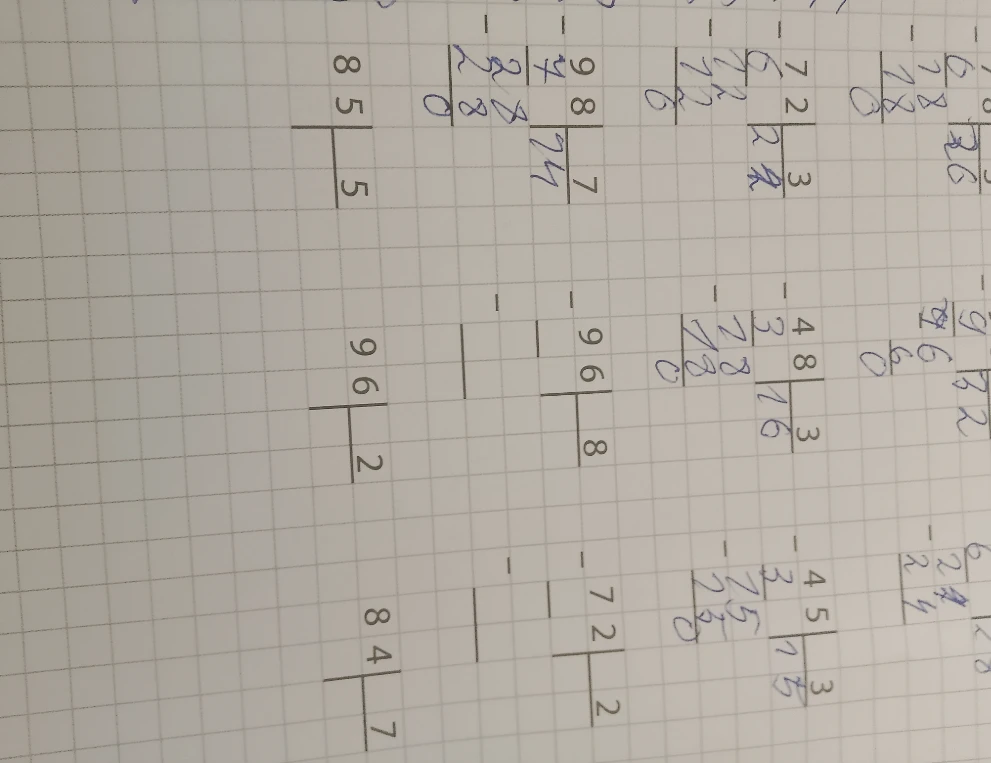 Решение примеров на деление в столбик: 85:5, 96:8, 96:2, 72:2, 84:7.